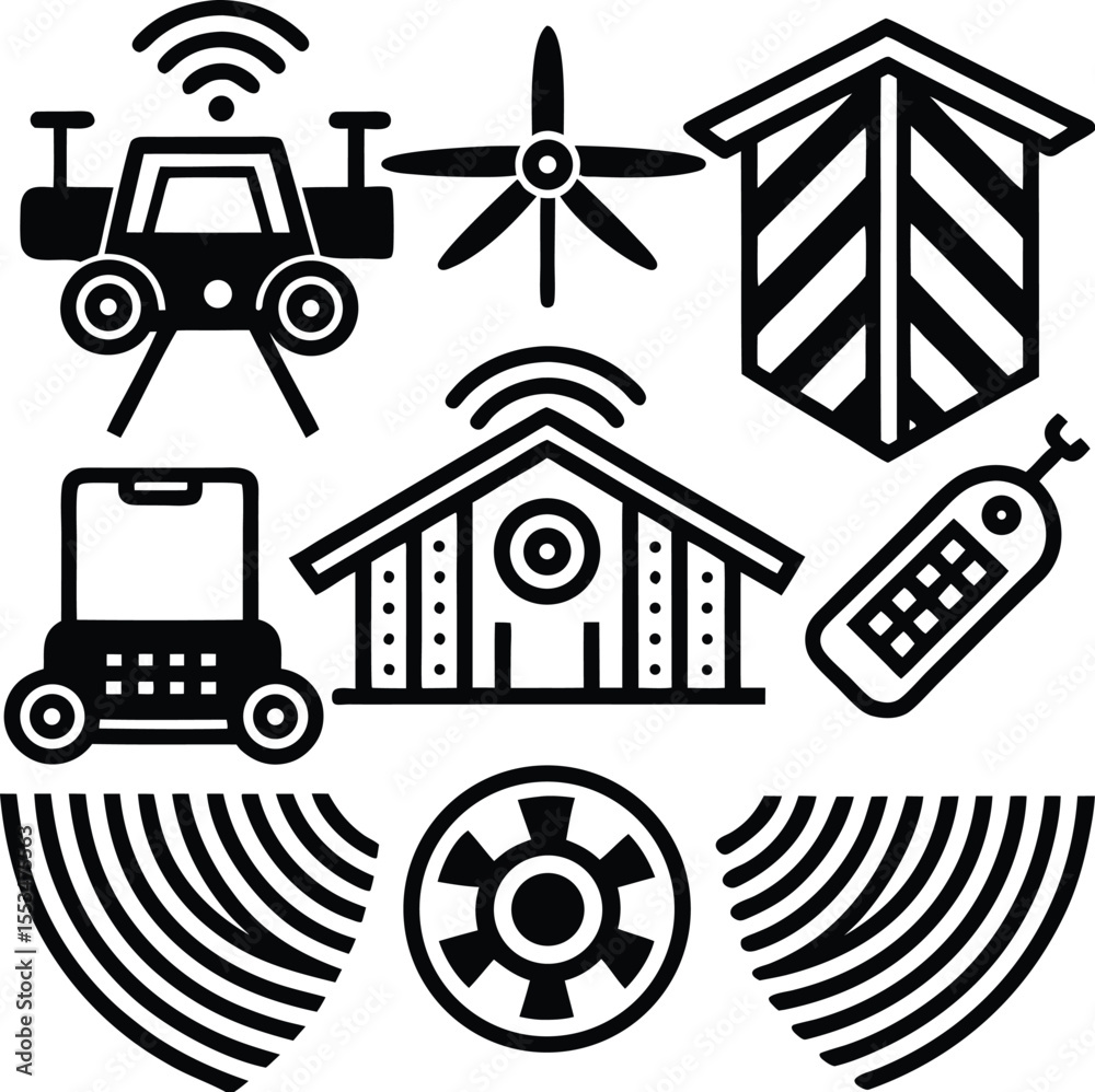 Fototapeta premium Collection of black and white icons representing smart technology including a drone wind turbine smart home and remote control symbolizing innovation and connectivity