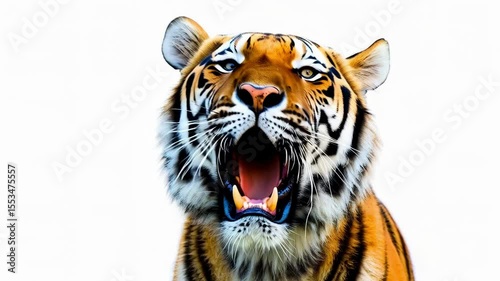 Intense close-up footage of a majestic tiger roaring, isolated on a white background. A powerful portrait showcasing the raw emotion and strength of a wild big cat