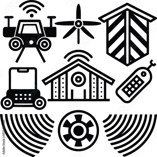 Collection of black and white icons representing smart technology including a drone wind turbine smart home and remote control symbolizing innovation and connectivity