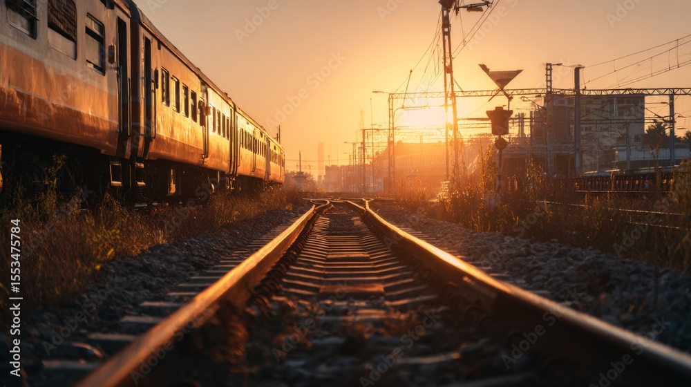 A train crossing a railway track at sunrise, with the golden light of the early morning casting long shadows over the rails A train crossing a railway track at sunrise, with the golden light of the early morning casting long shadows over the rails