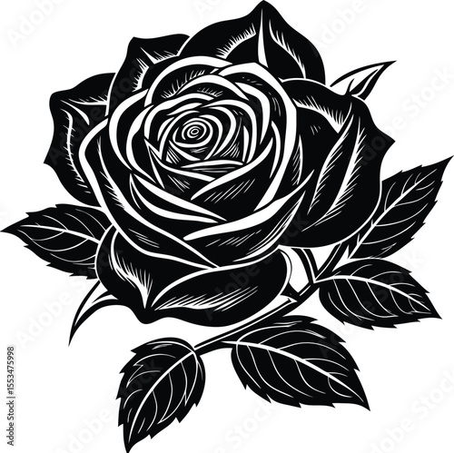 Elegant black and white silhouette of a blooming rose with detailed petals and leaves on a white background