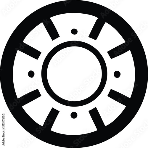 Geometric black and white circular symbol with inner ring spokes and dots representing balance and harmony