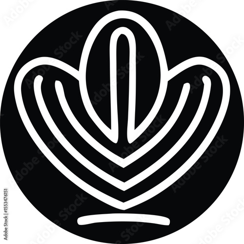 Abstract minimalist white stylized feather or leaf design enclosed in a black circle on a white background