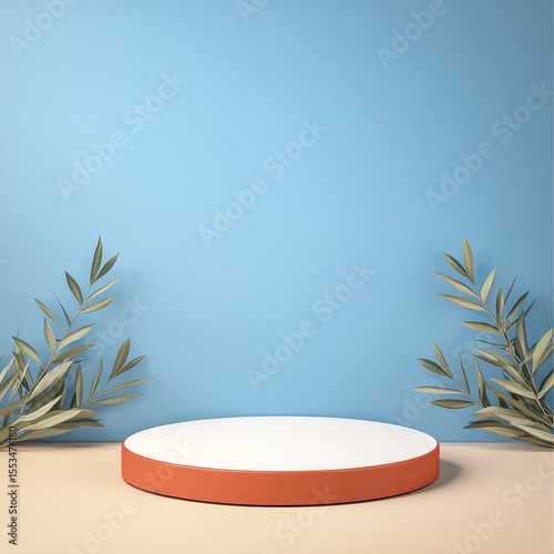 Minimalist Display Podium with Greenery and Blue Background