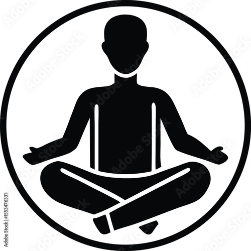 Stylized silhouette of a person meditating in lotus pose within a circular border representing calmness and inner peace