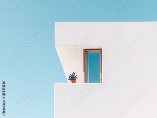 Modern Minimalist Architecture with Potted Plant and Blue Sky