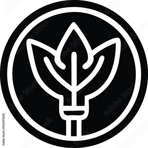 Stylized white leaf emblem within a black circle with double white outer rings symbolizing nature and growth