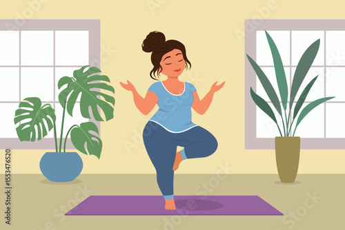 Girl doing yoga in room. Young woman standing on one leg in relaxation meditation pose on mat with eyes closed