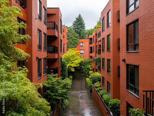 Modern Red Apartment Complex Surrounded by Greenery in Urban Setting