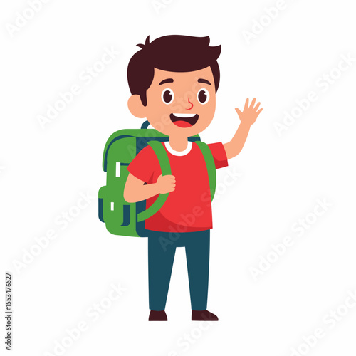 Cheerful cartoon boy wearing a backpack is waving hello
