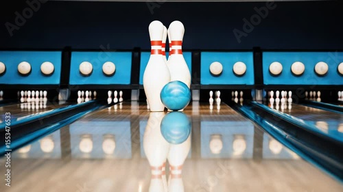 A blue bowling ball sits atop a modern bowling alley, ready for use