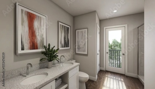 Modern Bright Bathroom with Art, Plants, and Natural Light