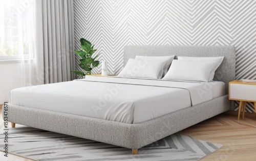 Modern minimalist bedroom interior with stylish bed and decor