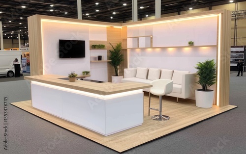 Modern Exhibition Stand with White Furniture and Stylish Accent Lighting