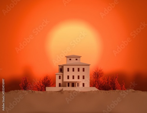 Serene Sunset over Model House Surrounded by Silhouette Trees