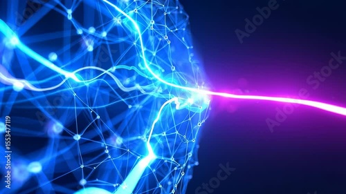 Abstract footage of a glowing blue sphere with purple light waves and particles. Representing digital network, data transmission, or futuristic energy source