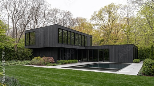Modern Black Architecture Surrounded by Green Landscape and Trees