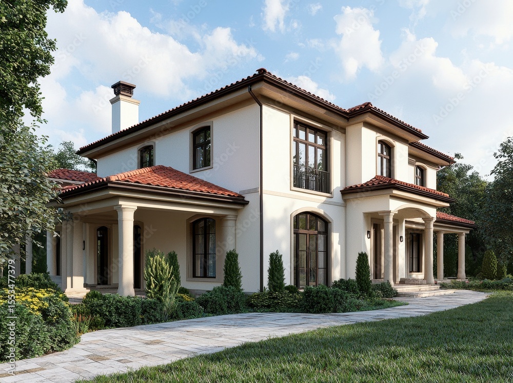 Fototapeta premium Elegant Mediterranean Style House with Lush Green Surroundings