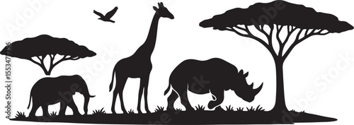 Wild animal silhouettes in nature vector illustration, featuring deer, elephants, and other forest mammals