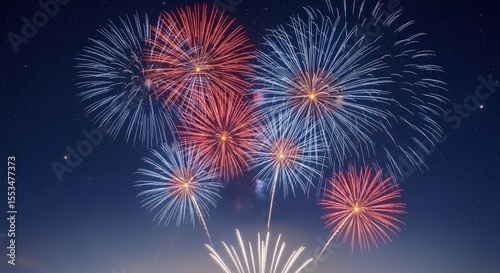 Bright festive fireworks illuminate the night sky celebration