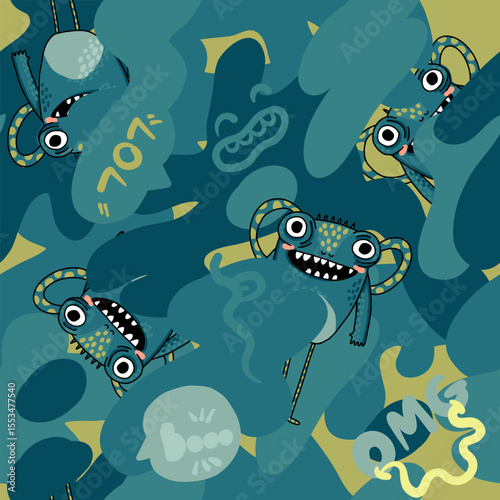 Seamless military pattern with monster, bubble speech, . Vector background for textile and fabric, wrapping paper, socks, clothes, web, stationery and other designs.