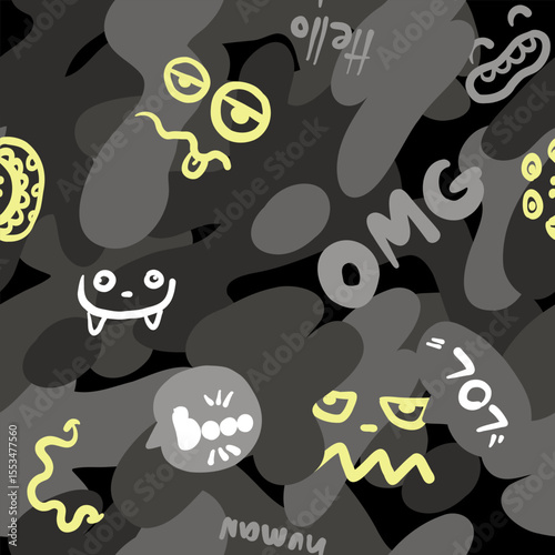 Seamless military pattern with faces, words, bubble speech. Vector background for textile and fabric, wrapping paper, socks, clothes, web, stationery and other designs.