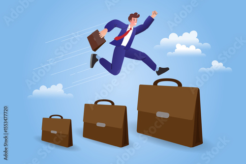  a businessman energetically leaping over a series of briefcases, illustrating career progression , overcoming obstacles , and professional growth.