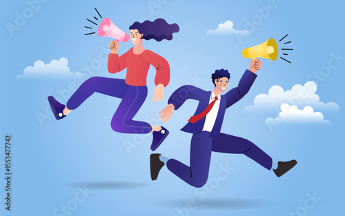 a woman announcing with a megaphone while a man runs victoriously with a trophy, symbolizing success, recognition, and public announcement of achievement.