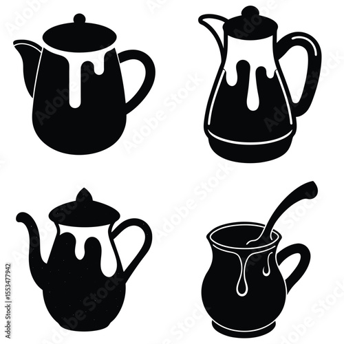 Stylized black and white illustrations of teapots and a pitcher with drips