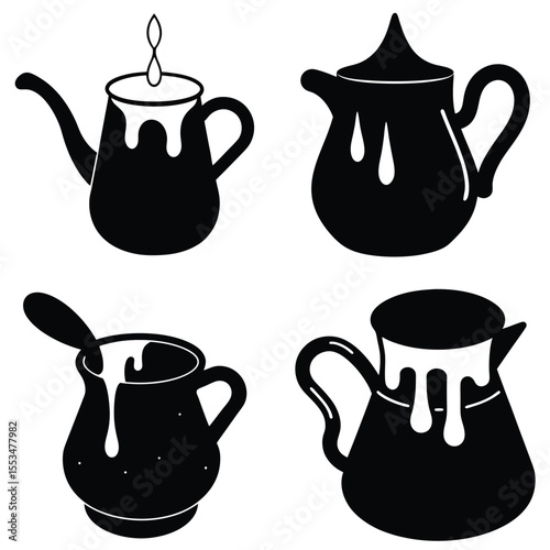 Stylized black silhouettes of four pitchers with dripping liquid