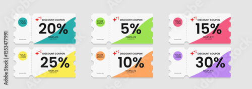 Set of colorful discount coupon templates with percentage discounts, modern vector promotion tickets