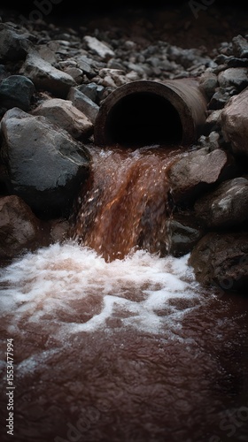 Drainage pipe releasing discolored water into a stream