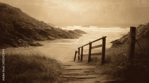 old worn vintage sepia toned polaroid photo of beach shore harbor
