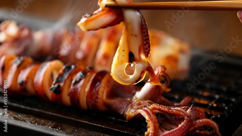 Close-up footage: Picking up a piece of grilled squid with chopsticks. Showcasing delicious Japanese BBQ, fresh seafood, and traditional Asian street food