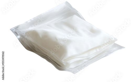 Close up of a white sheet face mask neatly folded ready for a soothing skincare treatment to deeply hydrate and refresh tired skin isolated on transparent background PNG