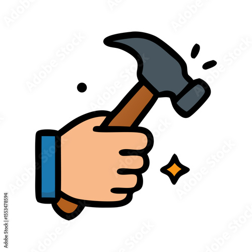 Hammer hitting hand firmly grips a hammer poised to strike decisively. Suitable for construction, industrial themed designs needing tool elements