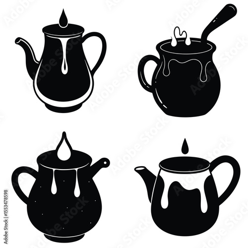 Stylized black teapots with dripping liquid and spoon
