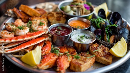 A vibrant seafood platter featuring a variety of fresh items, including shrimp, crab legs, mussels, and oysters, elegantly arranged with lemon wedges and dipping sauces.