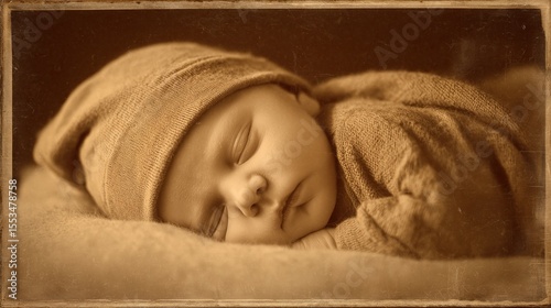old worn vintage sepia toned polaroid photo of newborn baby