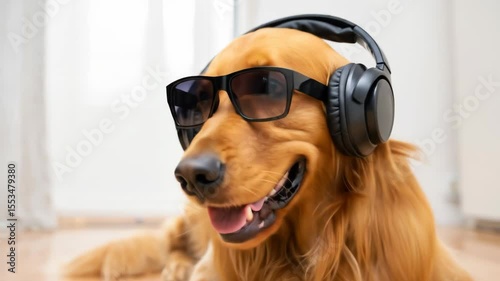 Funny footage: A cool Golden Retriever dog wearing headphones and sunglasses at home. Portraying a relaxed pet enjoying music with a humorous character