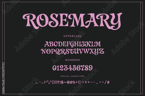 Ornate uppercase display font “ROSEMARY” featuring elegant serif capitals, numerals and symbols in soft pink on a charcoal backdrop.