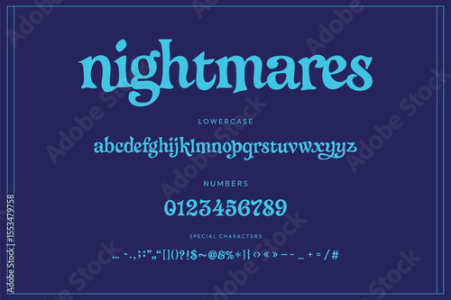 Stylish lowercase display font “nightmares” with flowing serif characters, numerals and symbols in vibrant aqua on an indigo canvas