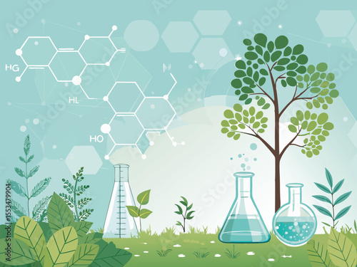 Green Scientific Research Background with Lab Beakers and Molecular Structure