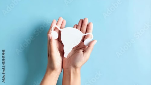 Female hands holding paper cut-out of uterus and ovaries against a light blue background, reproductive health, women's health awareness concept