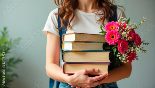 Girl holding books and bright flowers on first school day, symbolizing knowledge, education, and festive September start.