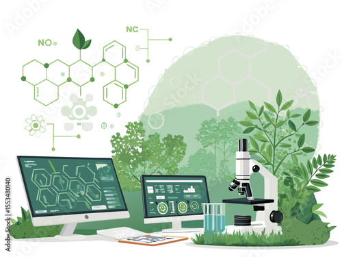 Green Scientific Research Background with Lab Beakers and Molecular Structure