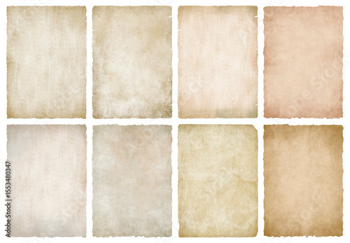 Vintage old paper textures set. Antique ancient parchment background with ragged rough edges