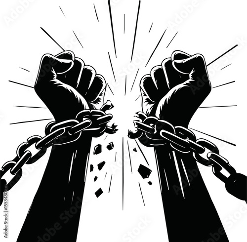 Human rights day. International peace. Silhouette of hand is breaking chain. Concept of freedom from oppression, slavery, equality. Cartoon flat style design on white background. Vector illustration.