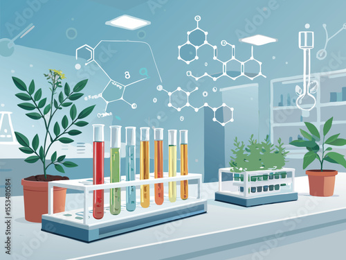 Green Scientific Research Background with Lab Beakers and Molecular Structure