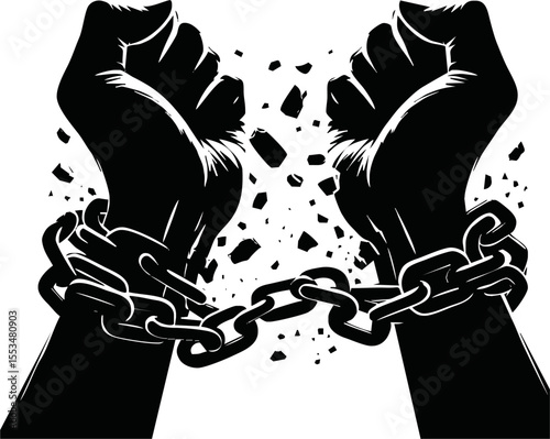 Human rights day. International peace. Silhouette of hand is breaking chain. Concept of freedom from oppression, slavery, equality. Cartoon flat style design on white background. Vector illustration.